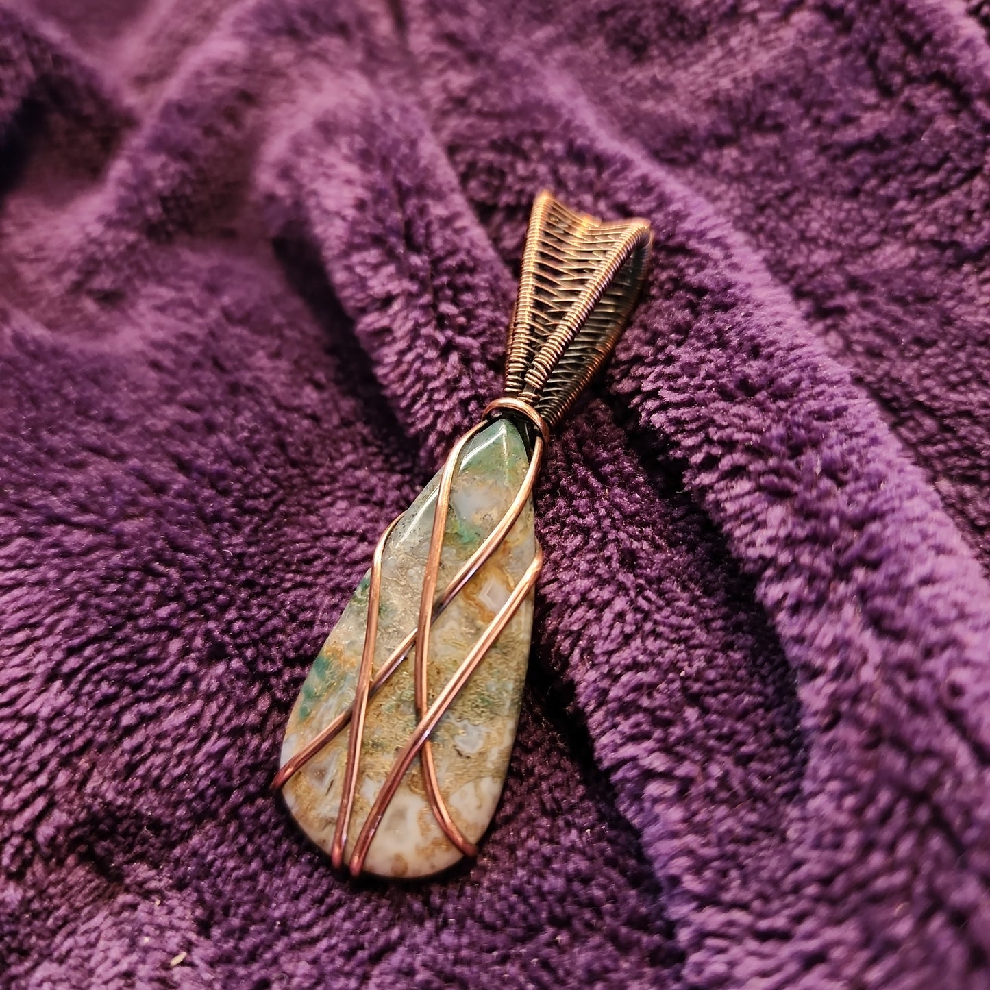 Moss Agate Cushion Teardrop Pendant in Antiqued Copper