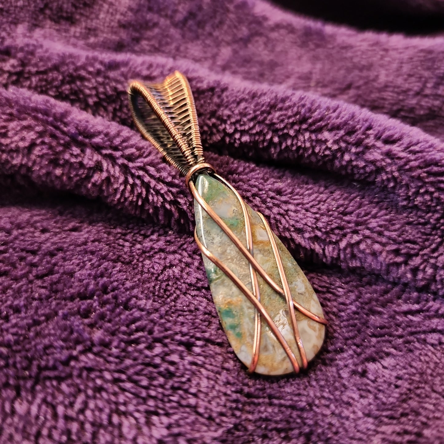 Moss Agate Cushion Teardrop Pendant in Antiqued Copper