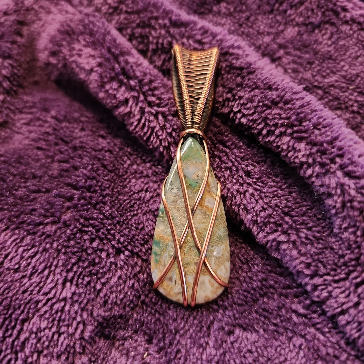 Moss Agate Cushion Teardrop Pendant in Antiqued Copper