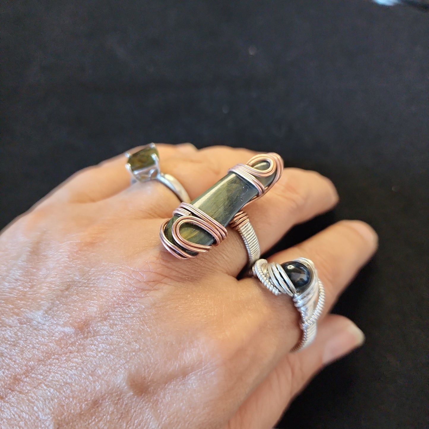 Athena - Hawks Eye Silver and Copper Ring, Size 9