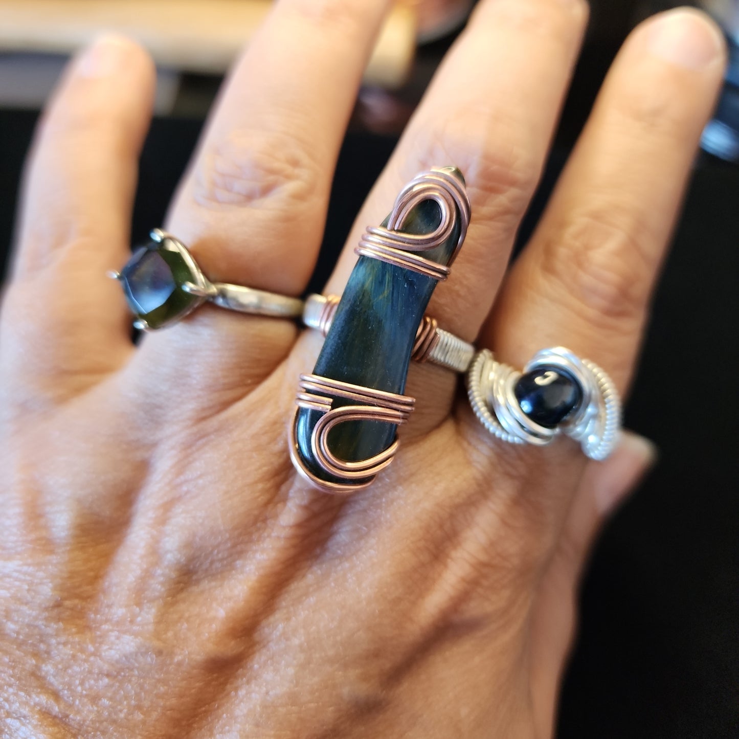 Athena - Hawks Eye Silver and Copper Ring, Size 9