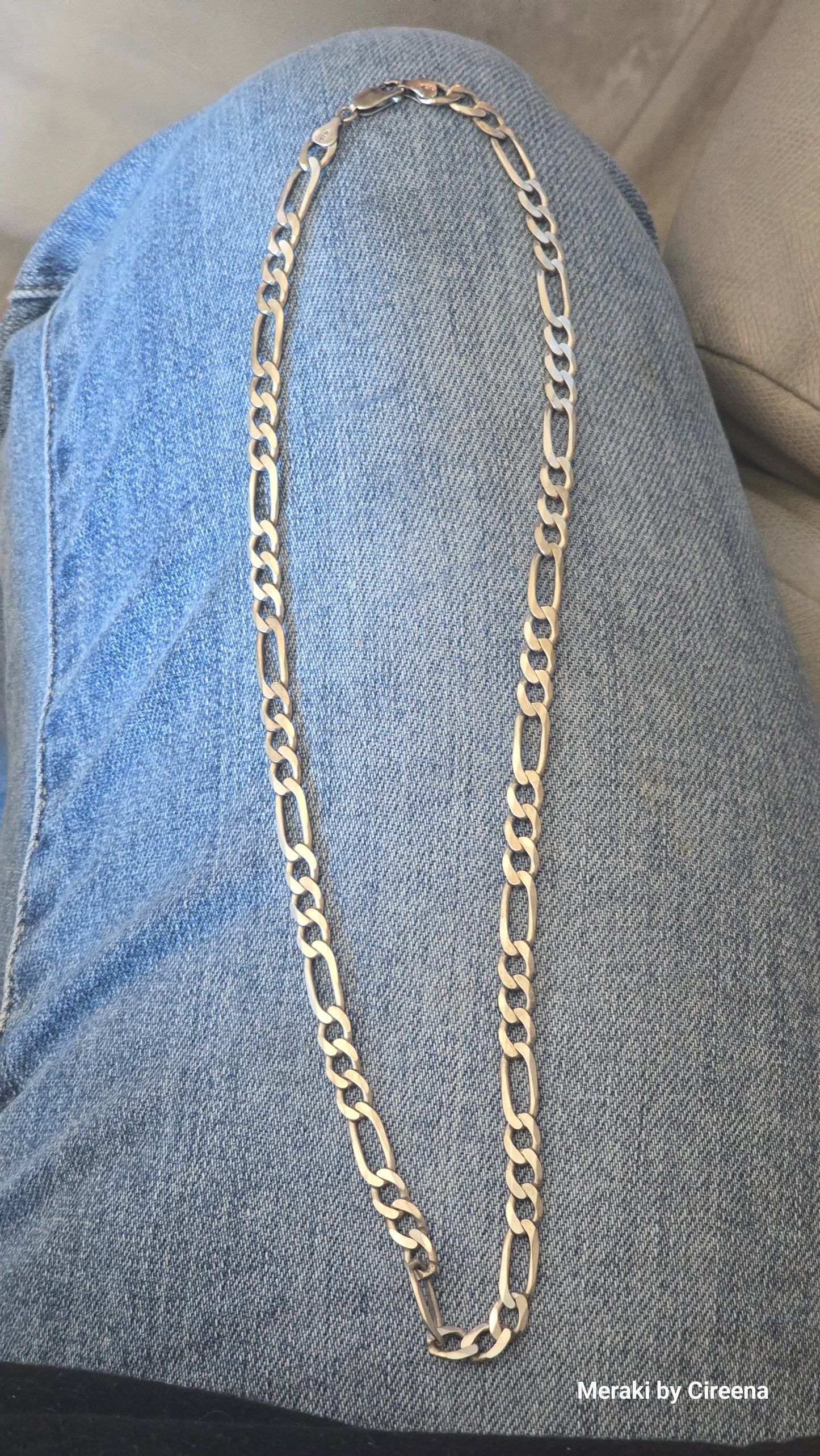 22" x 7mm Heavy Solid Sterling Silver Figaro Link Necklace, Italy