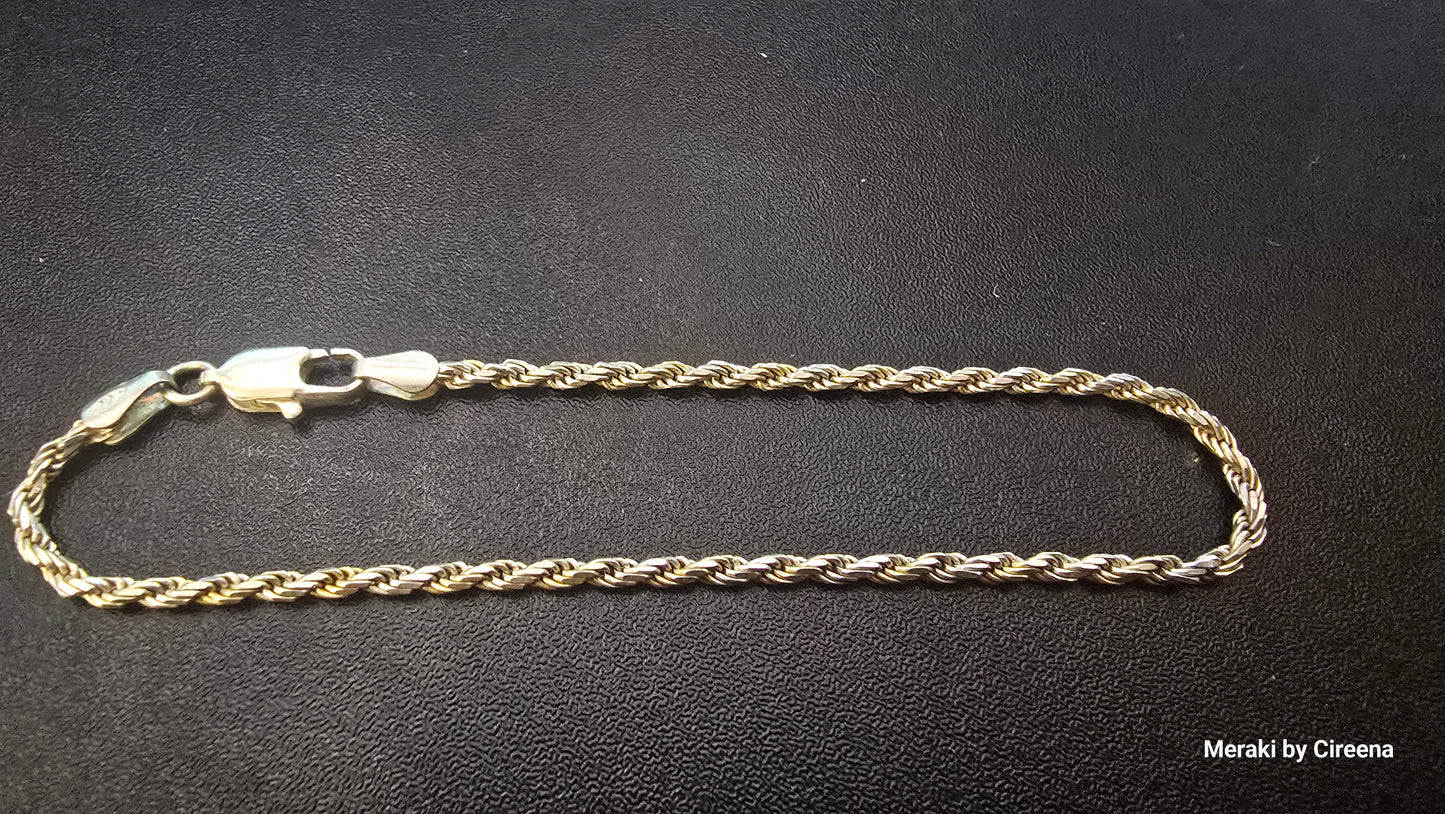 Vintage Italian 925 Sterling Silver 2mm Rope 7" Bracelet