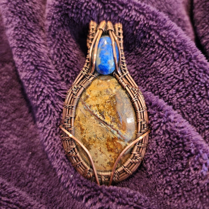 Brown Jasper & Shattuckite Woven Pendant, Antiqued Copper