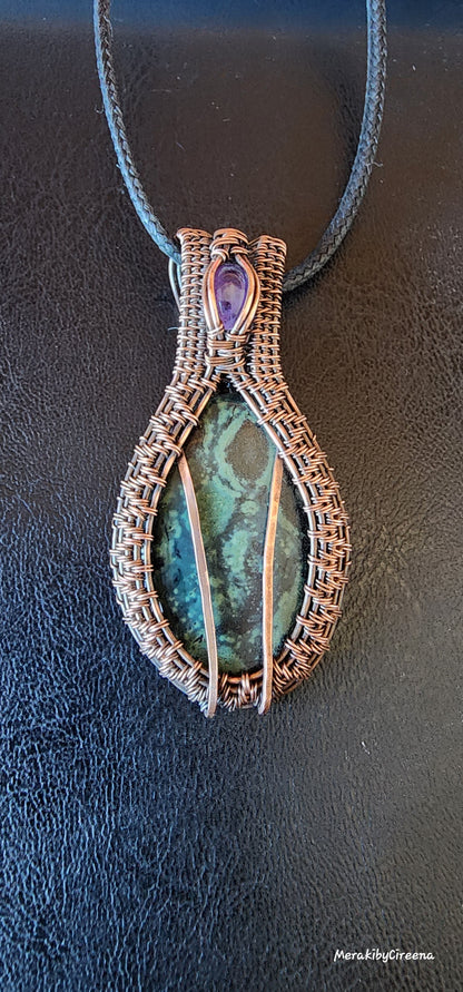 Kambaba Jasper & Amethyst Woven Pendant, Antiqued Copper