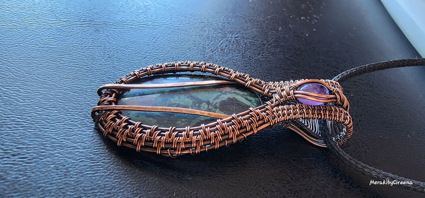 Kambaba Jasper & Amethyst Woven Pendant, Antiqued Copper