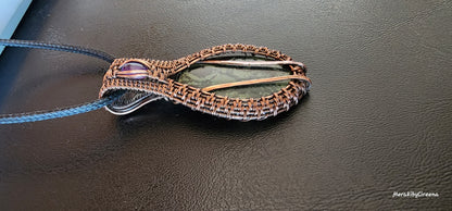 Kambaba Jasper & Amethyst Woven Pendant, Antiqued Copper