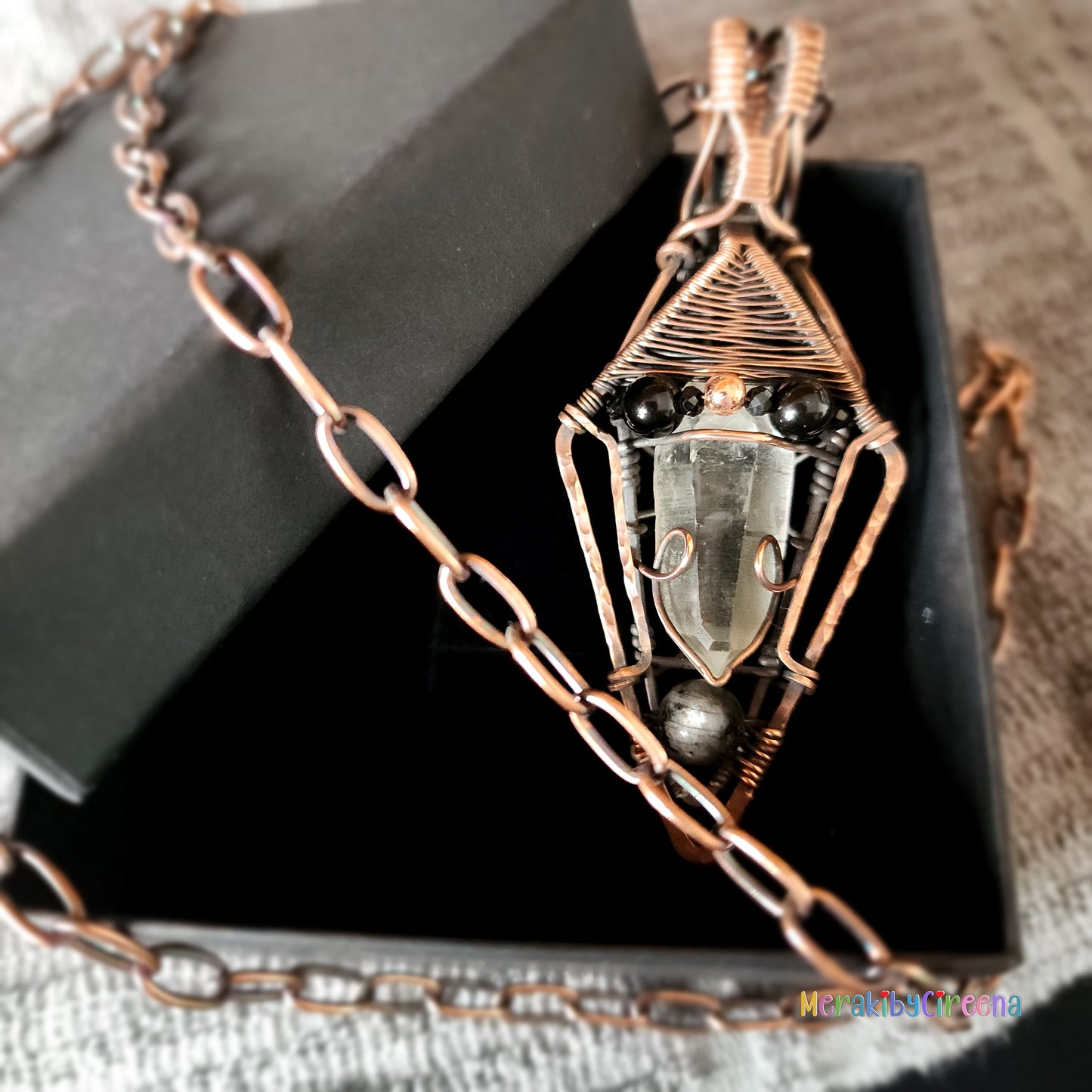 Astra - Lumerian Seed Quartz Point Copper Necklace with Larvakite and Rainbow Obsidian Accents