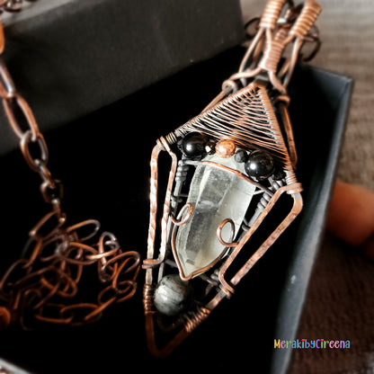 Astra - Lumerian Seed Quartz Point Copper Necklace with Larvakite and Rainbow Obsidian Accents