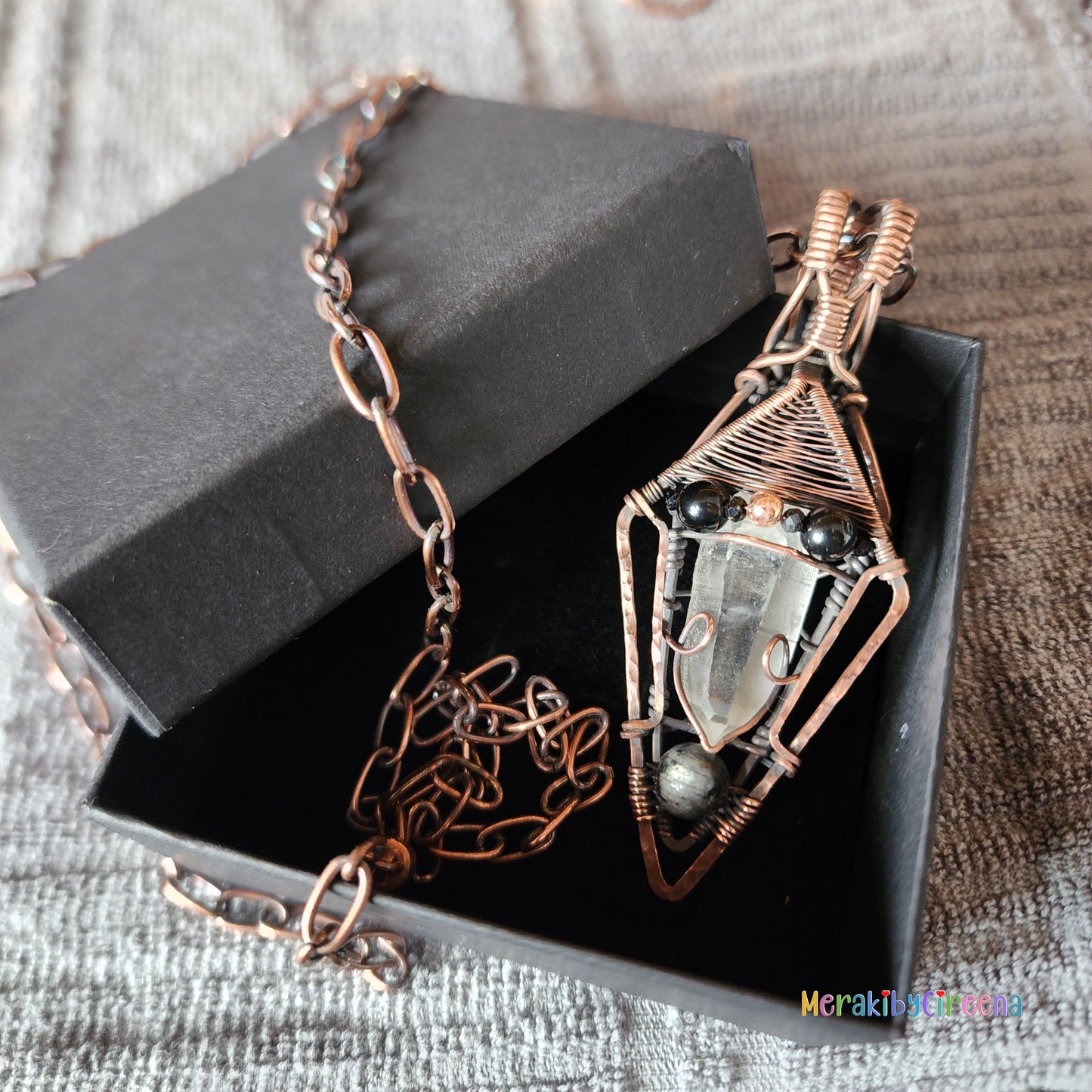 Astra - Lumerian Seed Quartz Point Copper Necklace with Larvakite and Rainbow Obsidian Accents