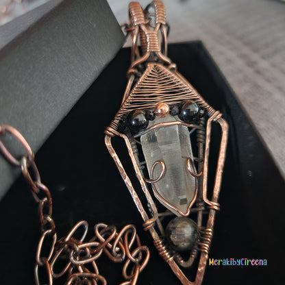 Astra - Lumerian Seed Quartz Point Copper Necklace with Larvakite and Rainbow Obsidian Accents