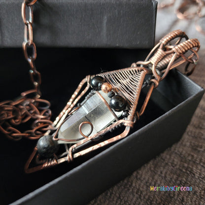 Astra - Lumerian Seed Quartz Point Copper Necklace with Larvakite and Rainbow Obsidian Accents