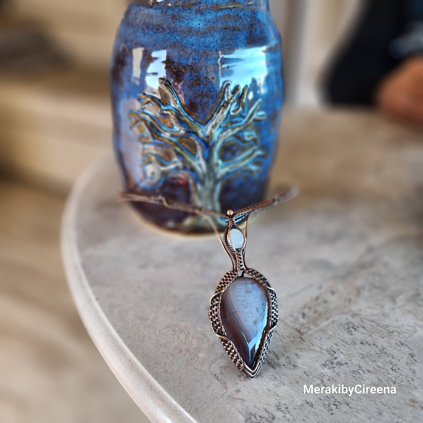 Celestial Tranquility - Handmade Vase with Swazi Agate & Rainbow Moonstone adornment.