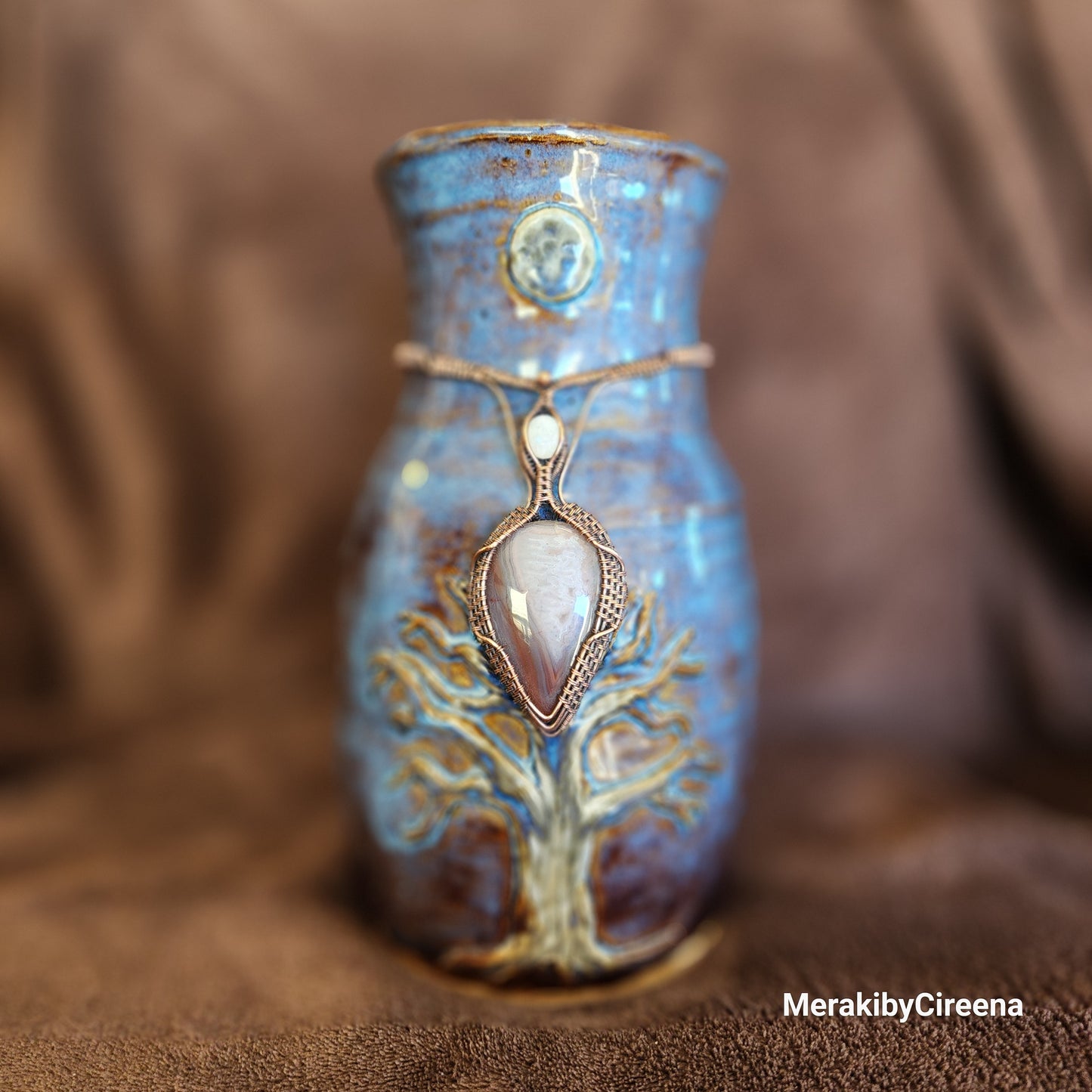 Celestial Tranquility - Handmade Vase with Swazi Agate & Rainbow Moonstone adornment.