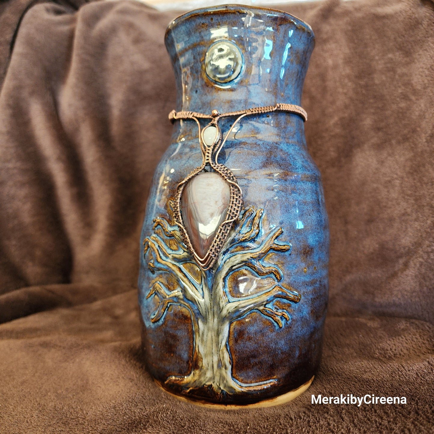 Celestial Tranquility - Handmade Vase with Swazi Agate & Rainbow Moonstone adornment.