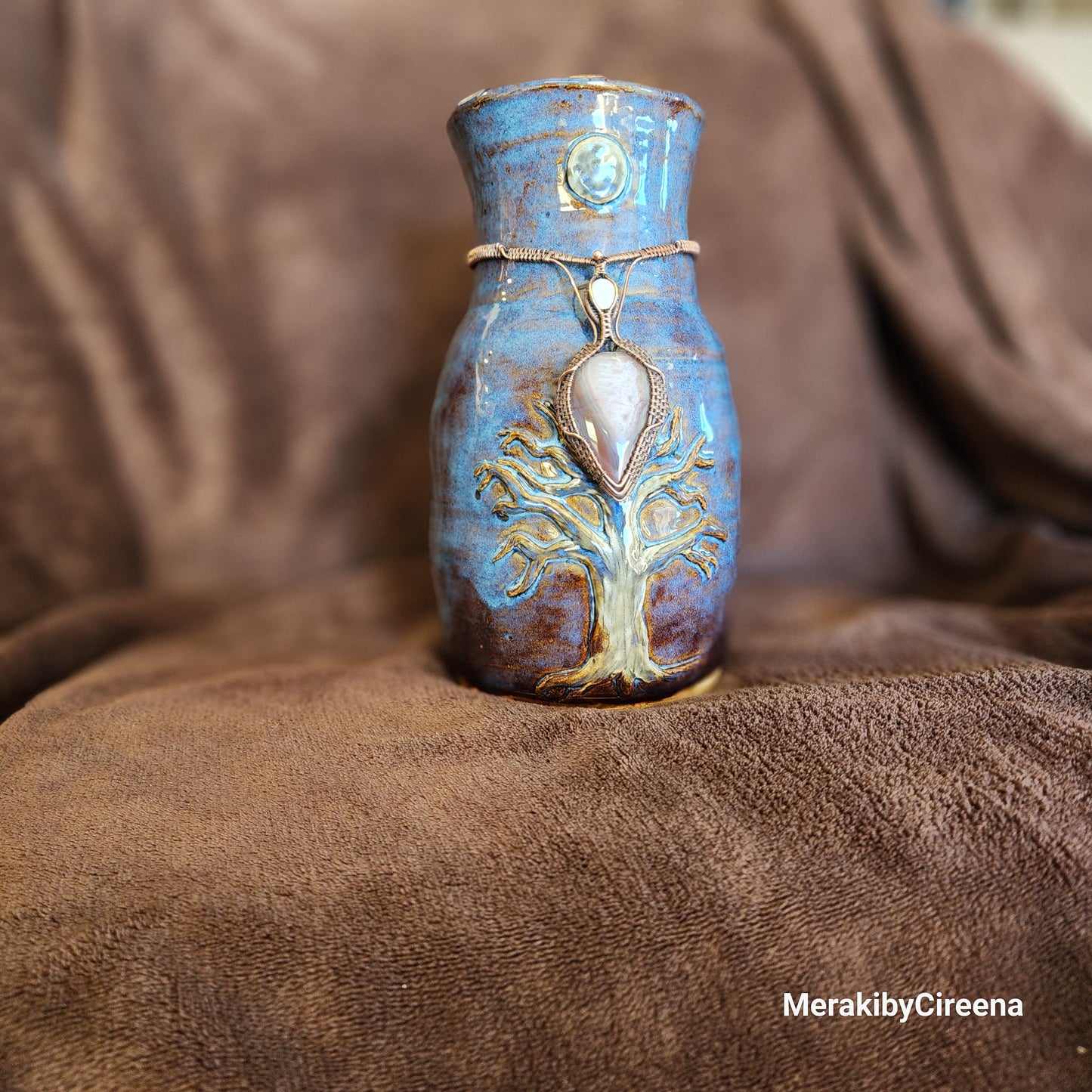 Celestial Tranquility - Handmade Vase with Swazi Agate & Rainbow Moonstone adornment.