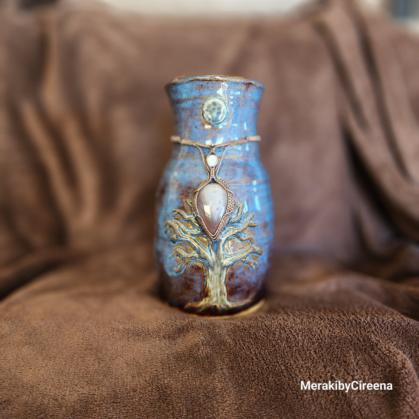 Celestial Tranquility - Handmade Vase with Swazi Agate & Rainbow Moonstone adornment.