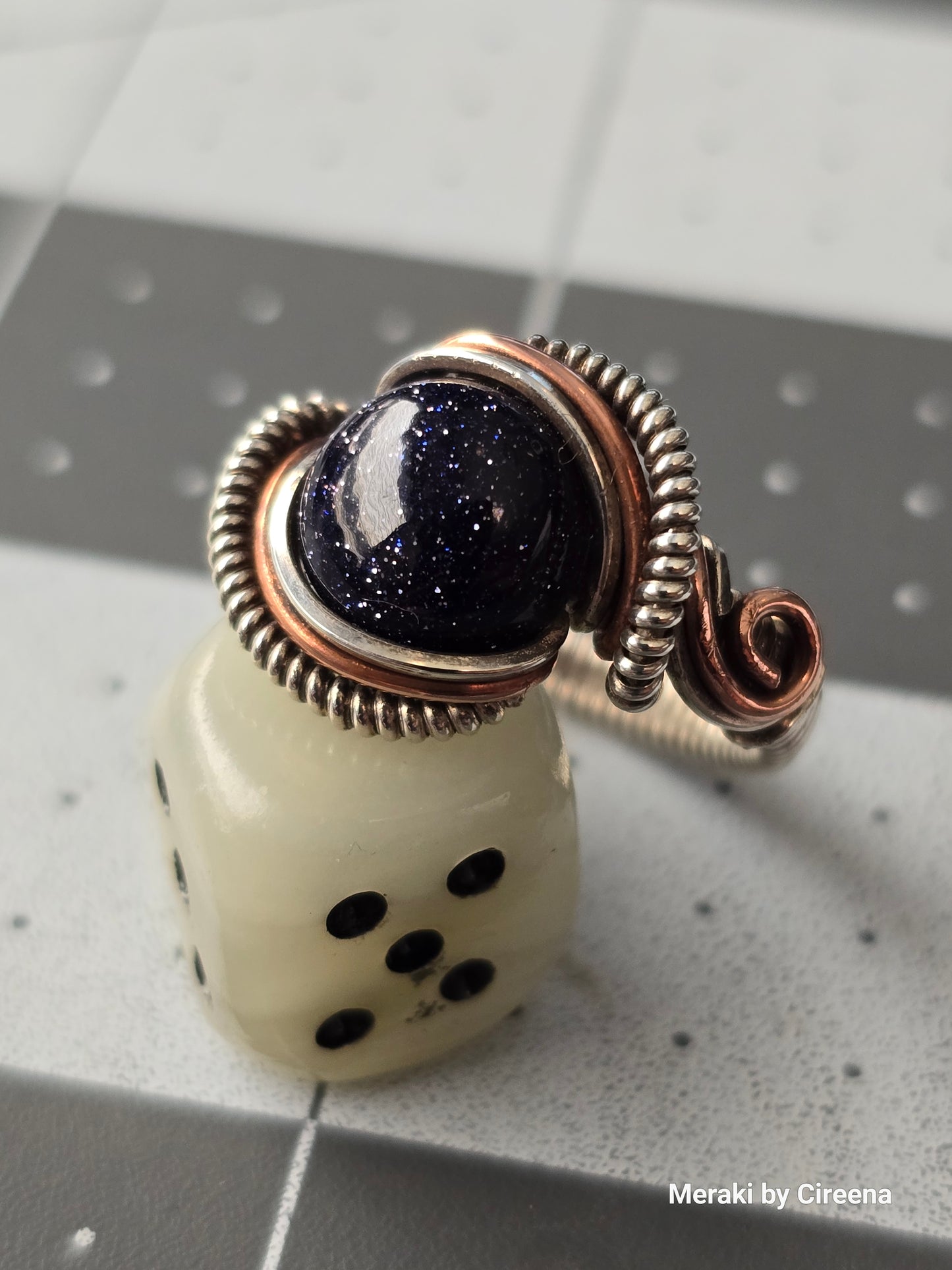 Galaxy - Blue Goldstone mixed metals Ring, Size 7, Antiqued