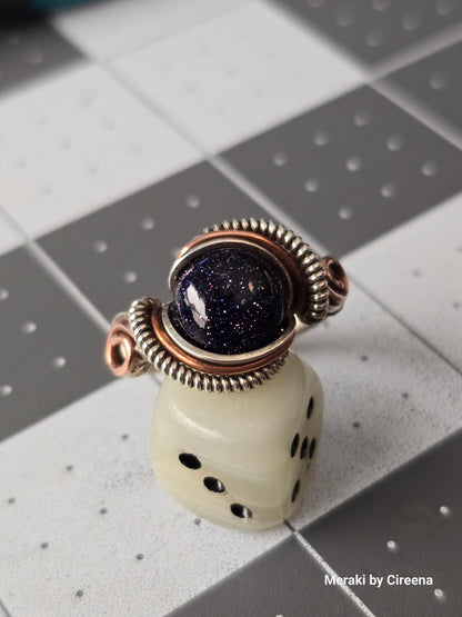 Galaxy - Blue Goldstone mixed metals Ring, Size 7, Antiqued