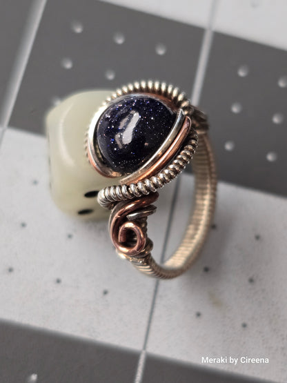 Galaxy - Blue Goldstone mixed metals Ring, Size 7, Antiqued