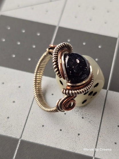 Galaxy - Blue Goldstone mixed metals Ring, Size 7, Antiqued