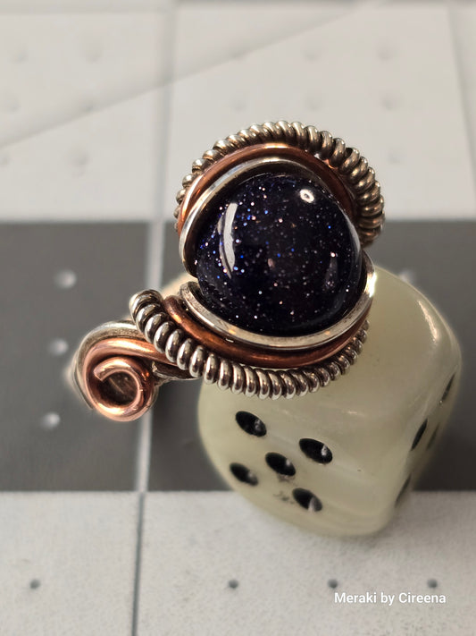 Galaxy - Blue Goldstone mixed metals Ring, Size 7, Antiqued