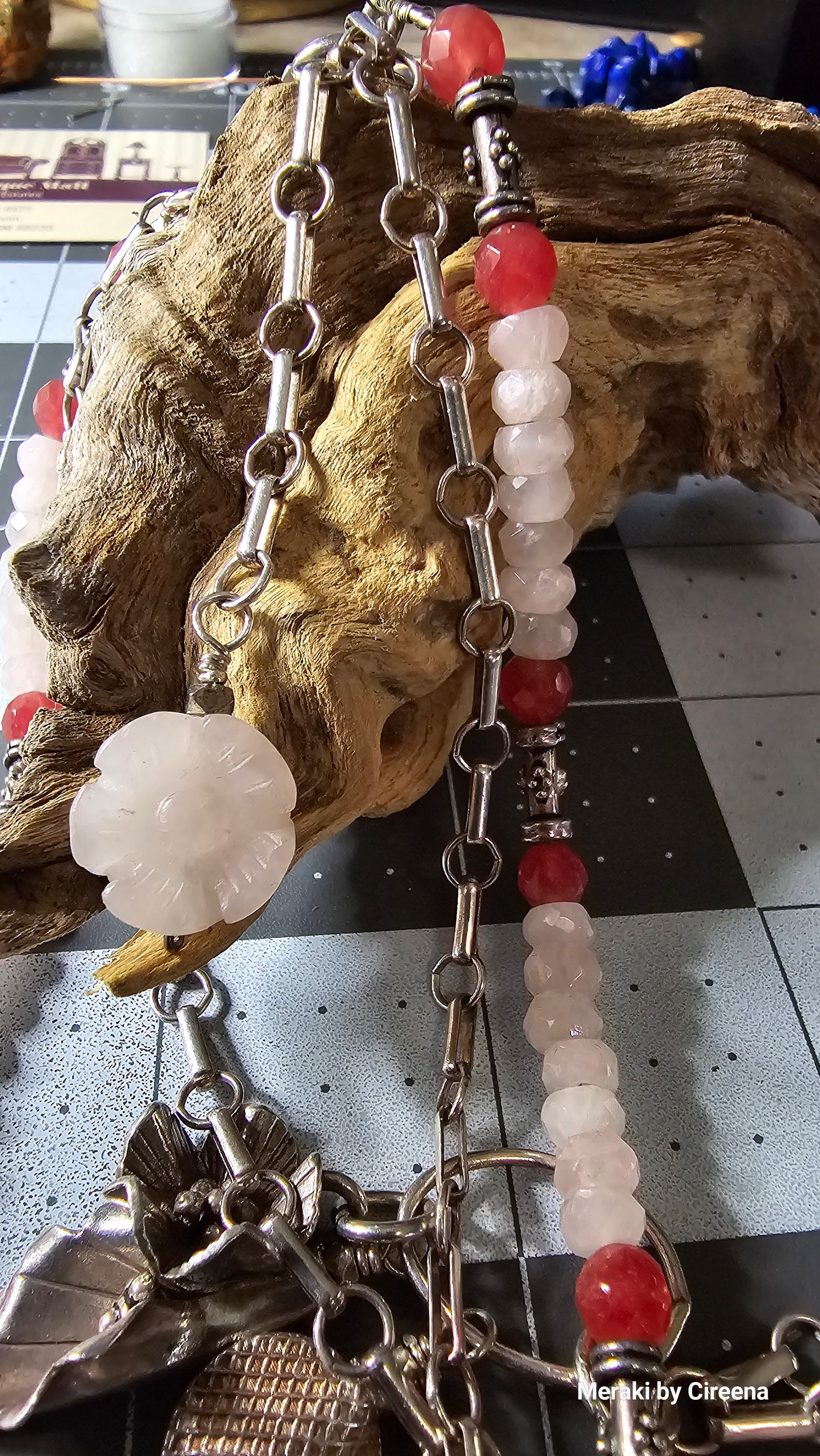 Rose & Strawberry Quartz Sterling Silver Handcrafted Vintage Double Necklace w/ Rose Quartz and Silver charms