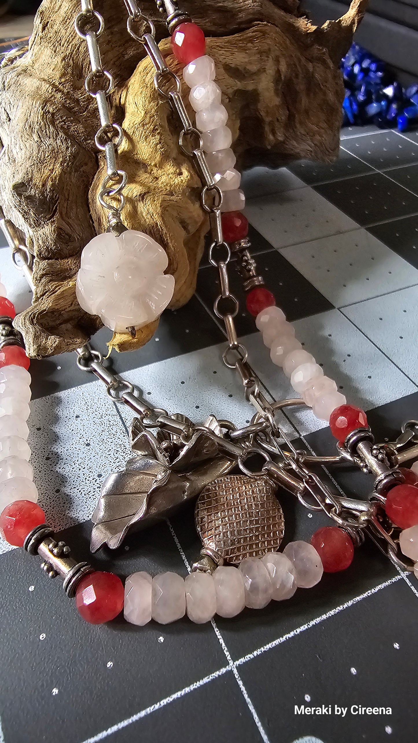 Rose & Strawberry Quartz Sterling Silver Handcrafted Vintage Double Necklace w/ Rose Quartz and Silver charms