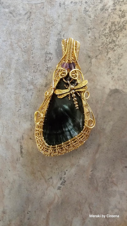 Seraph - Dragon Fly Seraphinite Woven Gold Tone Copper Pendant