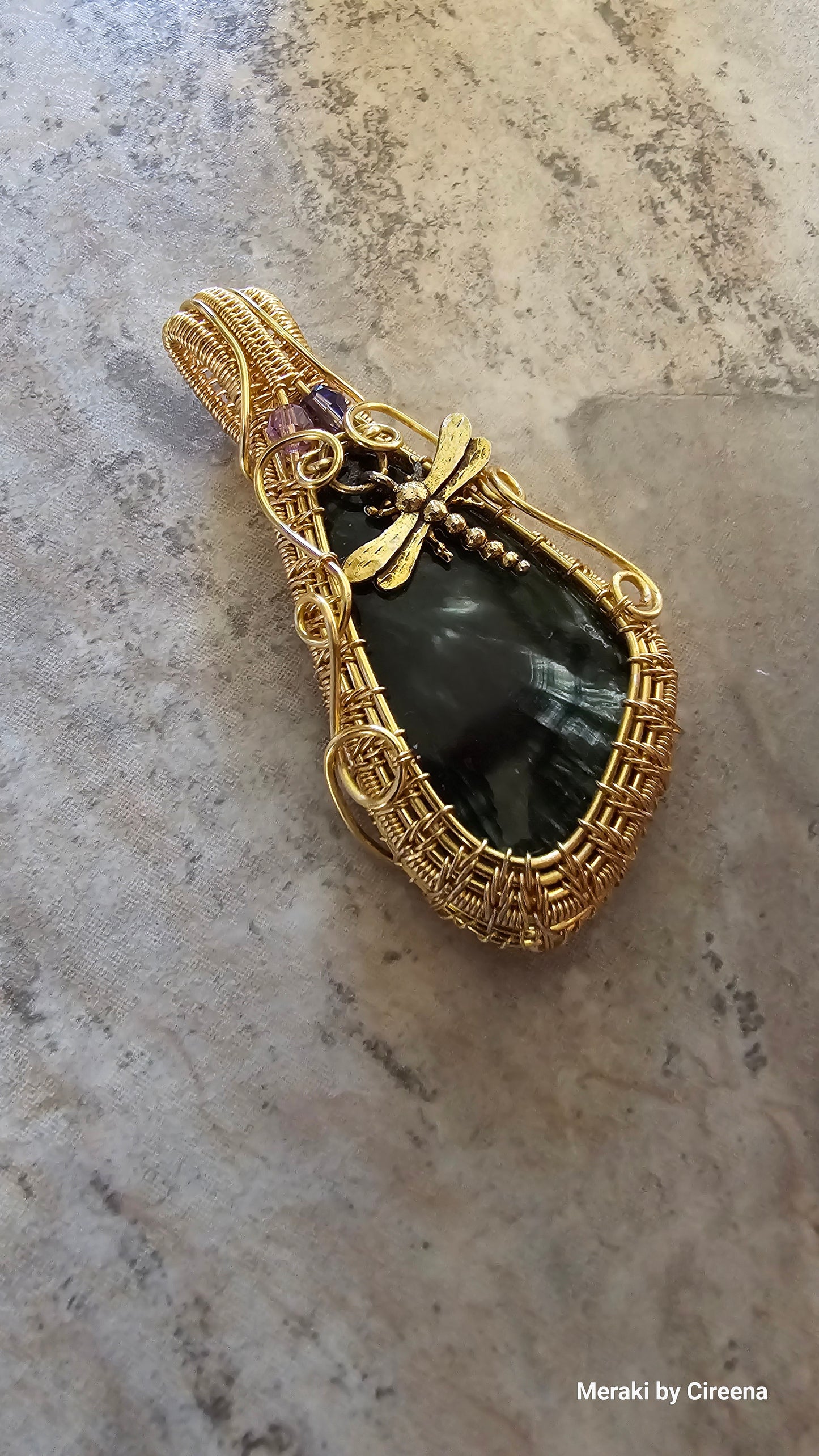 Seraph - Dragon Fly Seraphinite Woven Gold Tone Copper Pendant