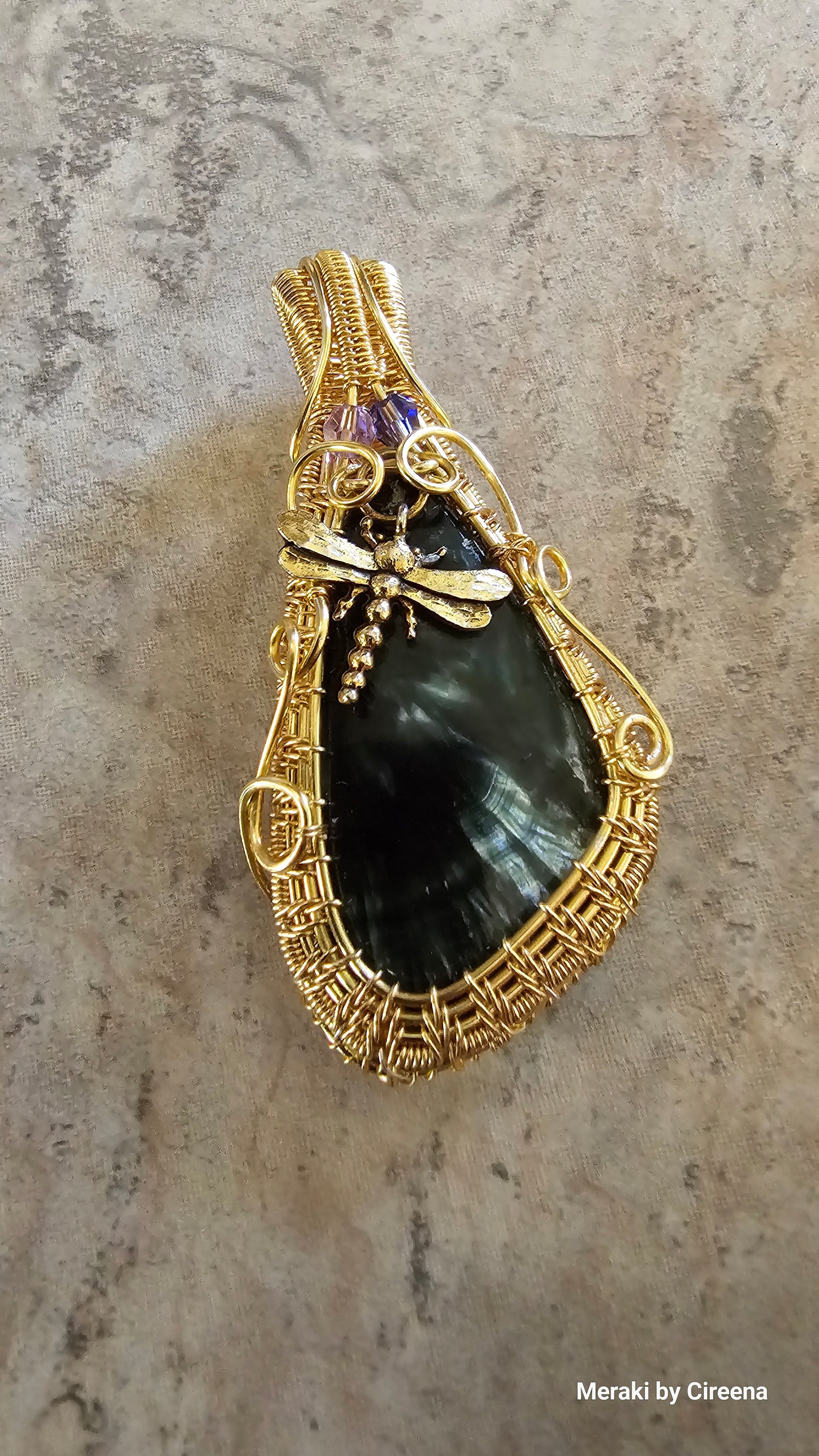 Seraph - Dragon Fly Seraphinite Woven Gold Tone Copper Pendant