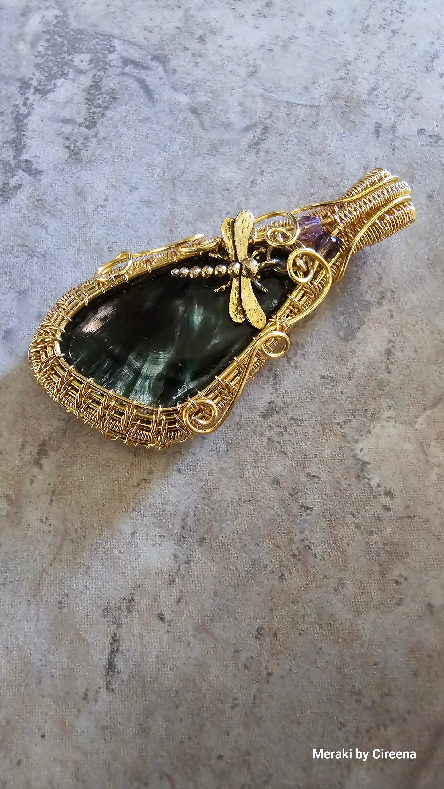 Seraph - Dragon Fly Seraphinite Woven Gold Tone Copper Pendant