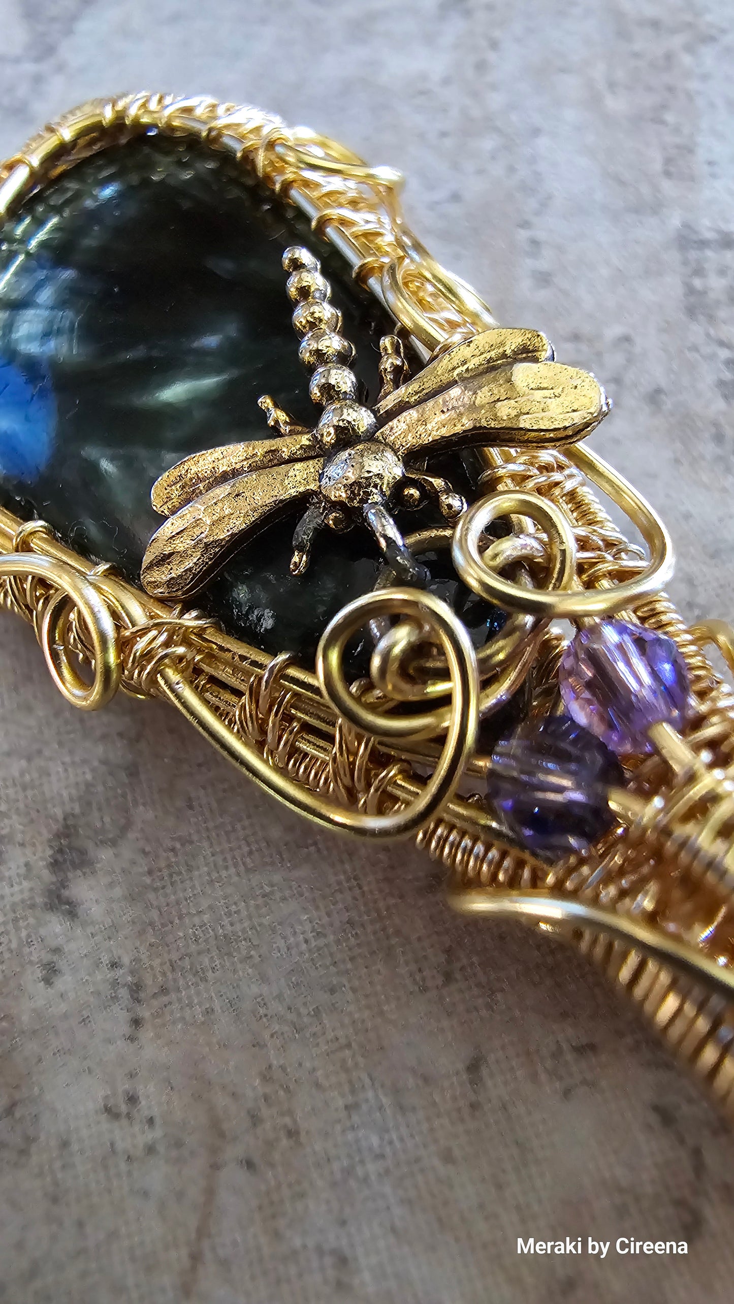 Seraph - Dragon Fly Seraphinite Woven Gold Tone Copper Pendant