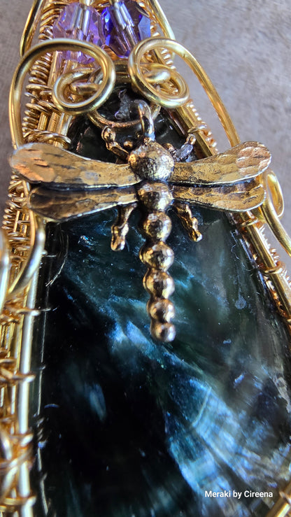 Seraph - Dragon Fly Seraphinite Woven Gold Tone Copper Pendant