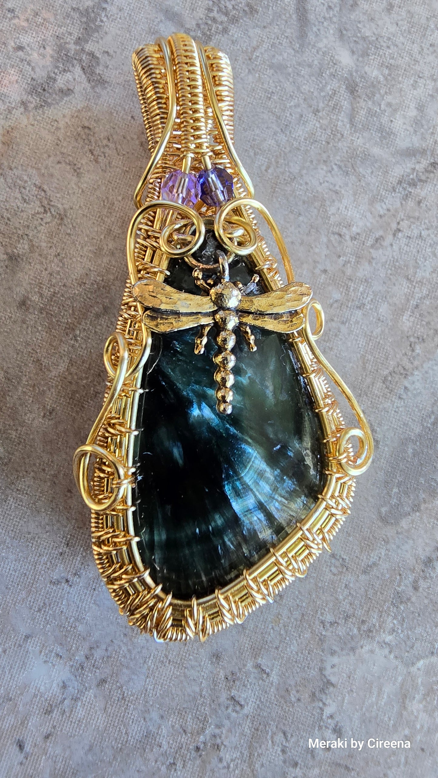 Seraph - Dragon Fly Seraphinite Woven Gold Tone Copper Pendant