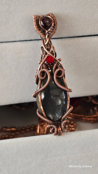 Black Mirror - Black Rainbow Sunstone Copper Pendant