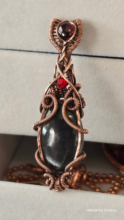 Black Mirror - Black Rainbow Sunstone Copper Pendant