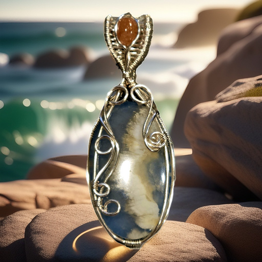 Ether - Plume Agate Silver Coated Copper Pendant