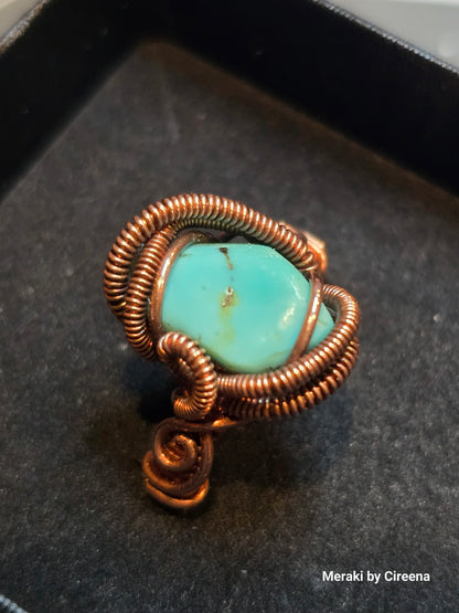 Turquoise Antiqued Copper Ring with Pyrite inclusions - Size 7