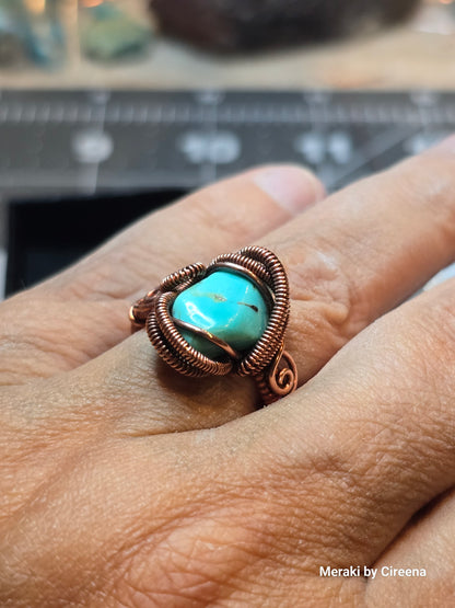 Turquoise Antiqued Copper Ring with Pyrite inclusions - Size 7