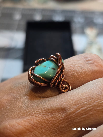 Turquoise Antiqued Copper Ring with Pyrite inclusions - Size 7