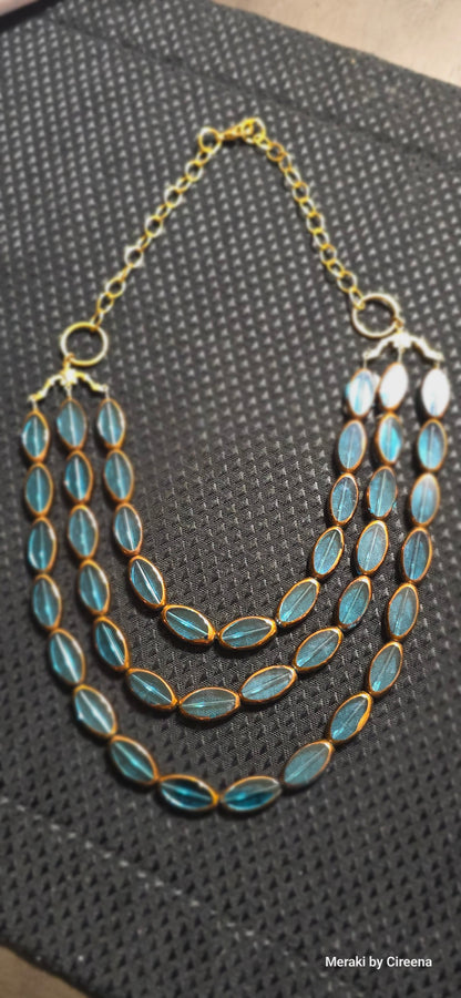 3 Strand Blue Lucite Necklace With Gold & Copper Tones