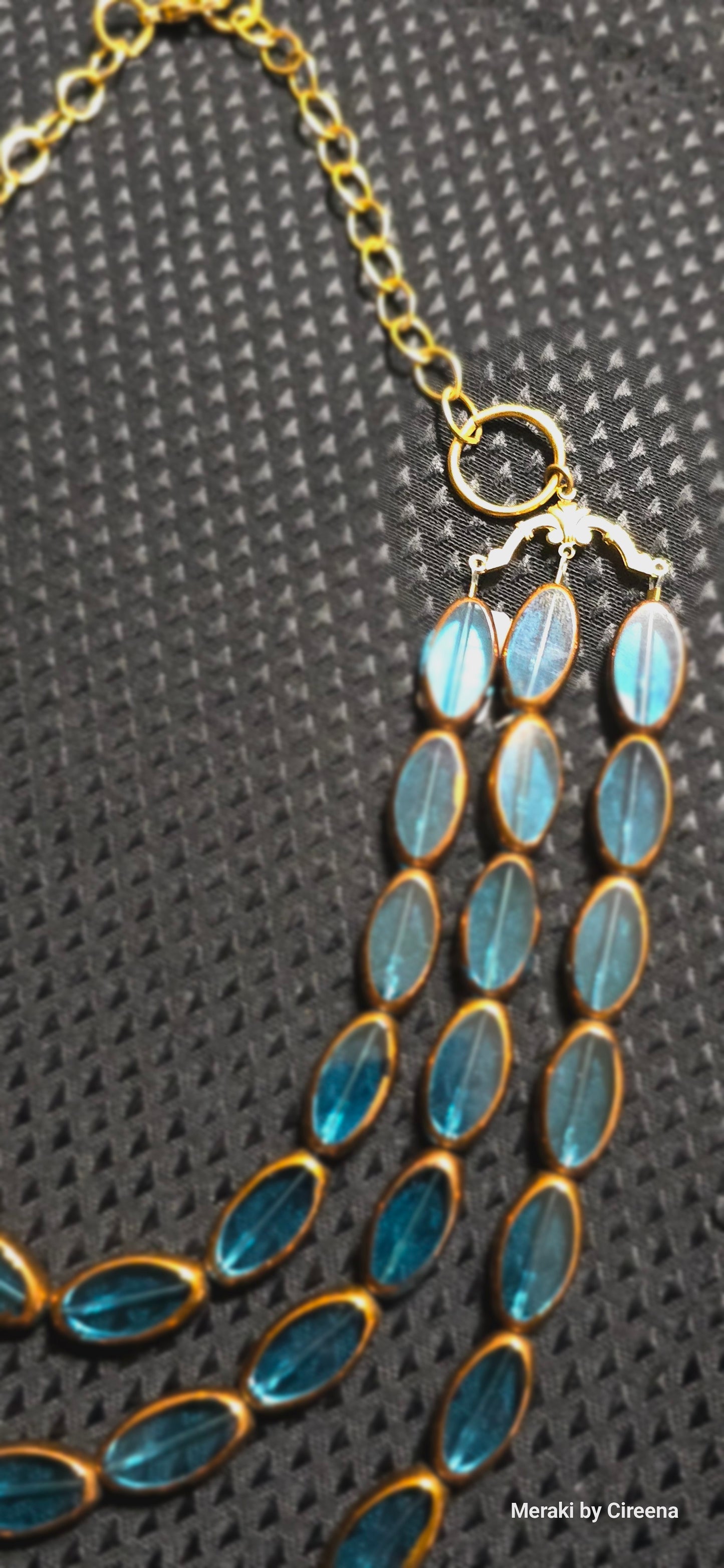 3 Strand Blue Lucite Necklace With Gold & Copper Tones