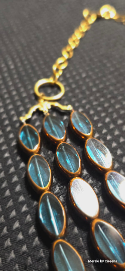 3 Strand Blue Lucite Necklace With Gold & Copper Tones