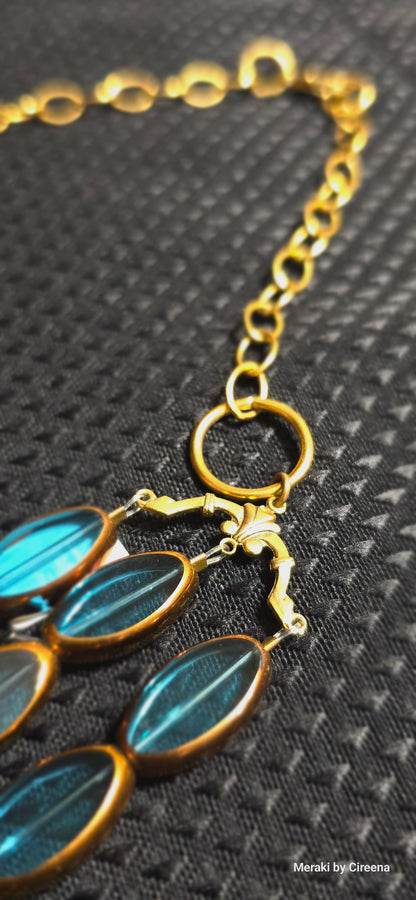 3 Strand Blue Lucite Necklace With Gold & Copper Tones