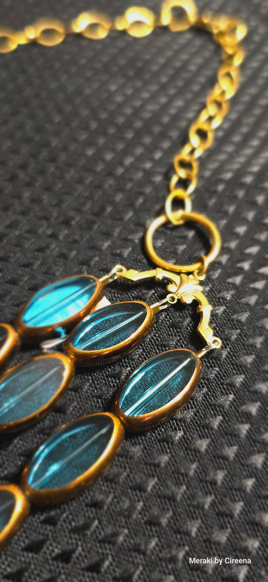 3 Strand Blue Lucite Necklace With Gold & Copper Tones