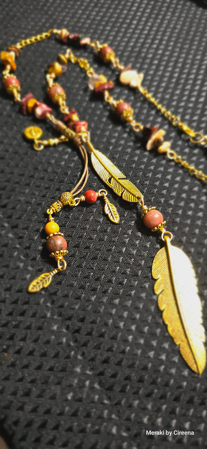 Misty Moon Designs - Mookite, sesame jasper, and gold feather lariat