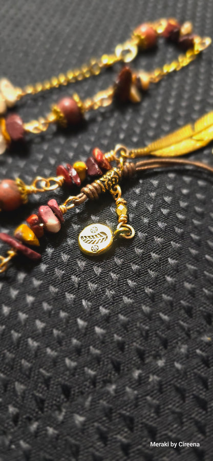 Misty Moon Designs - Mookite, sesame jasper, and gold feather lariat