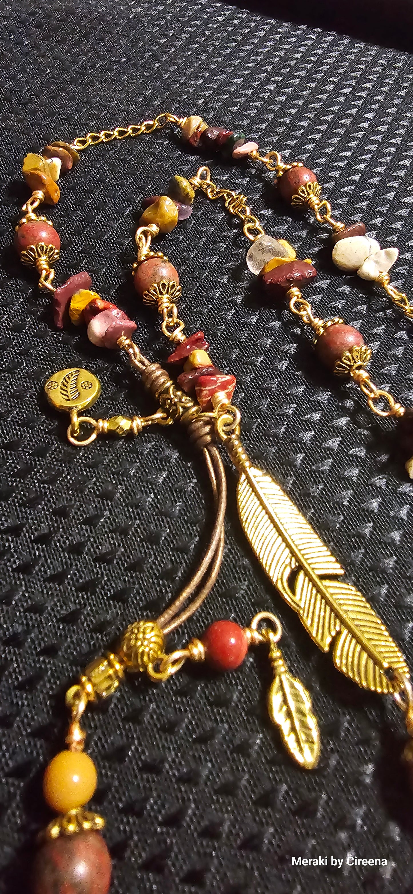 Misty Moon Designs - Mookite, sesame jasper, and gold feather lariat