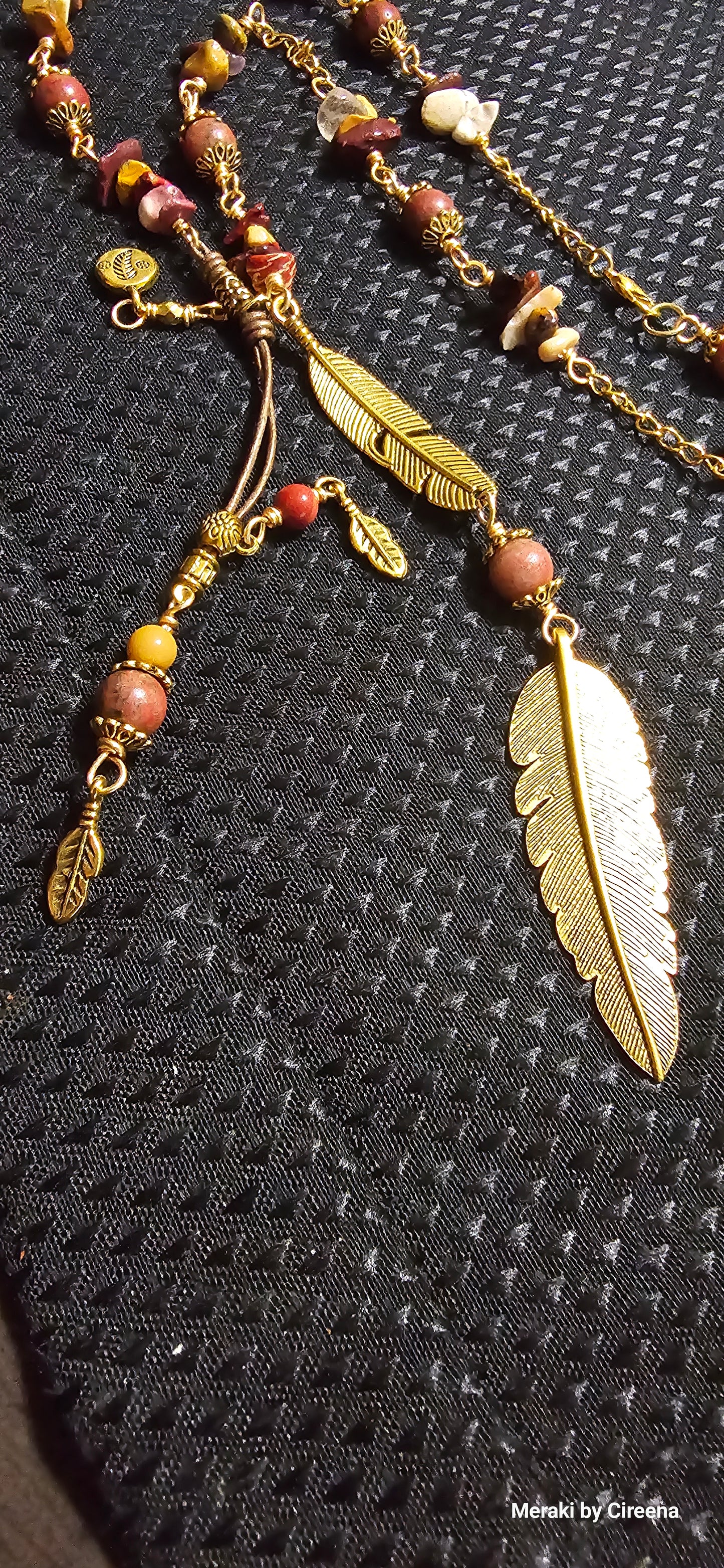 Misty Moon Designs - Mookite, sesame jasper, and gold feather lariat